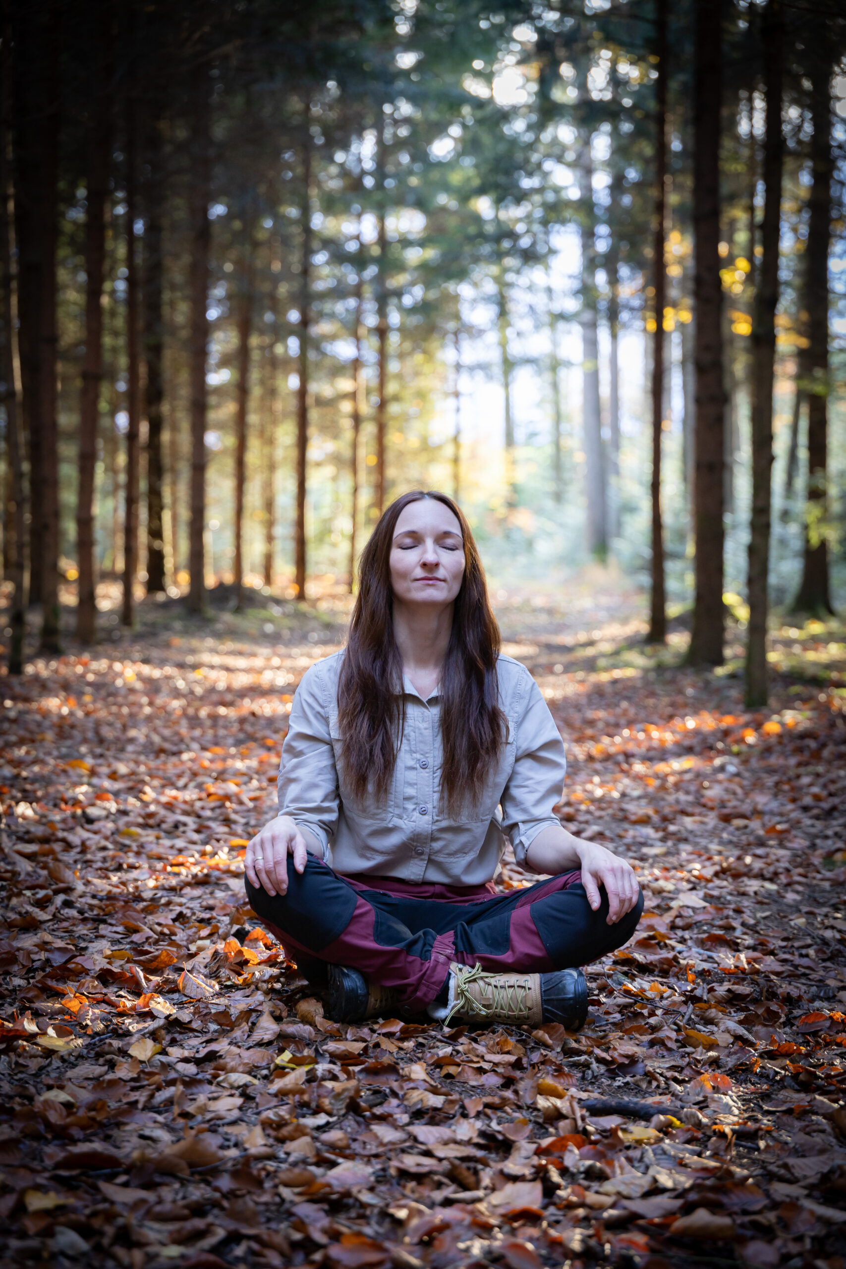 Meditation, sitzend im Schneidersitz, Herbstwald